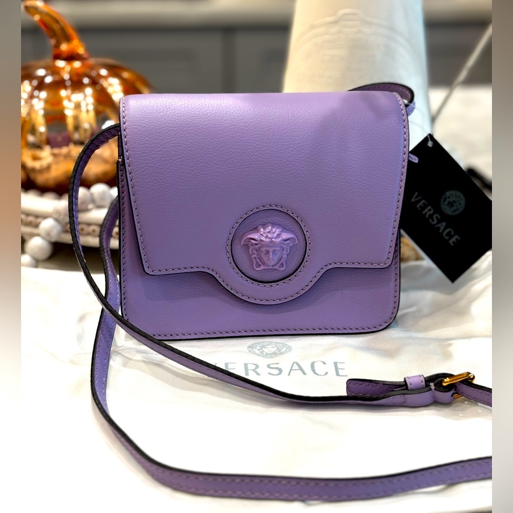 Versace Lilac Textured Leather Medusa Head Crossbody Shoulder Bag